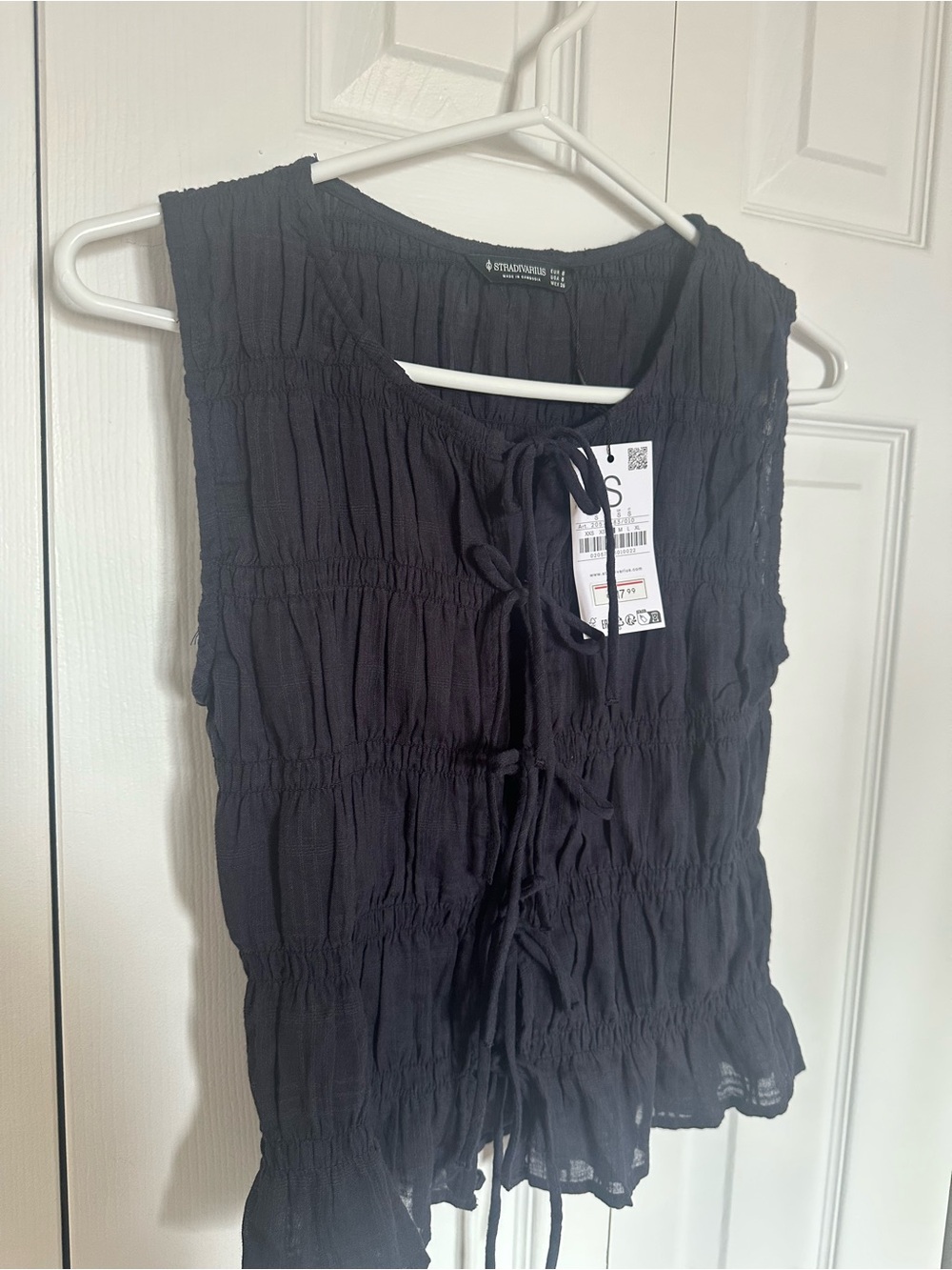Stradivarius navy Tie-Front Textured Top - S - Picture 2 of 6